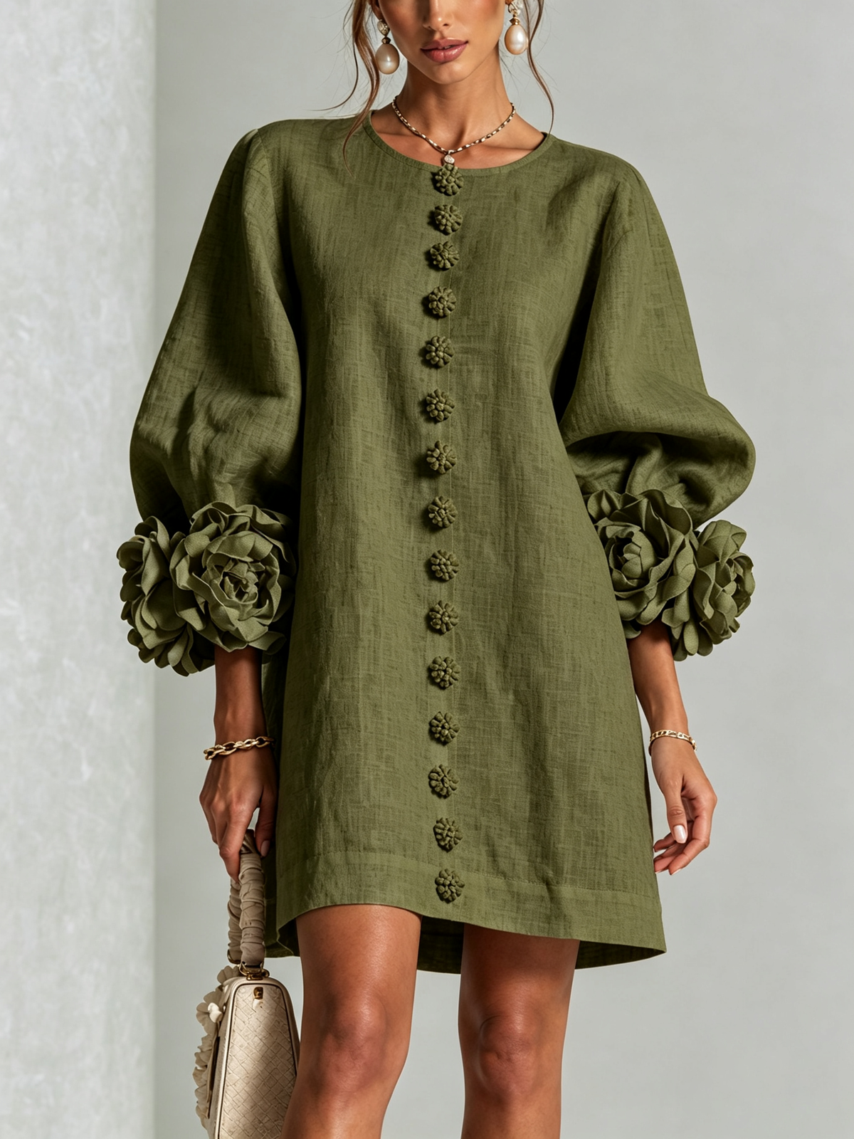 Joséphine™ | White Floral Buttoned Mini Dress with Flower Sleeves