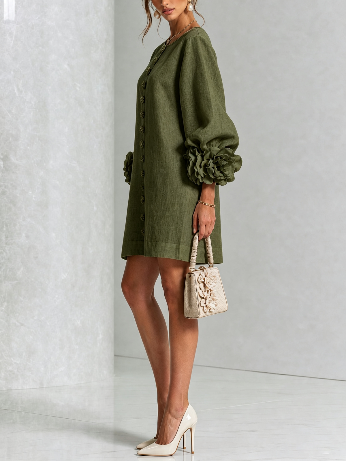 Joséphine™ | White Floral Buttoned Mini Dress with Flower Sleeves