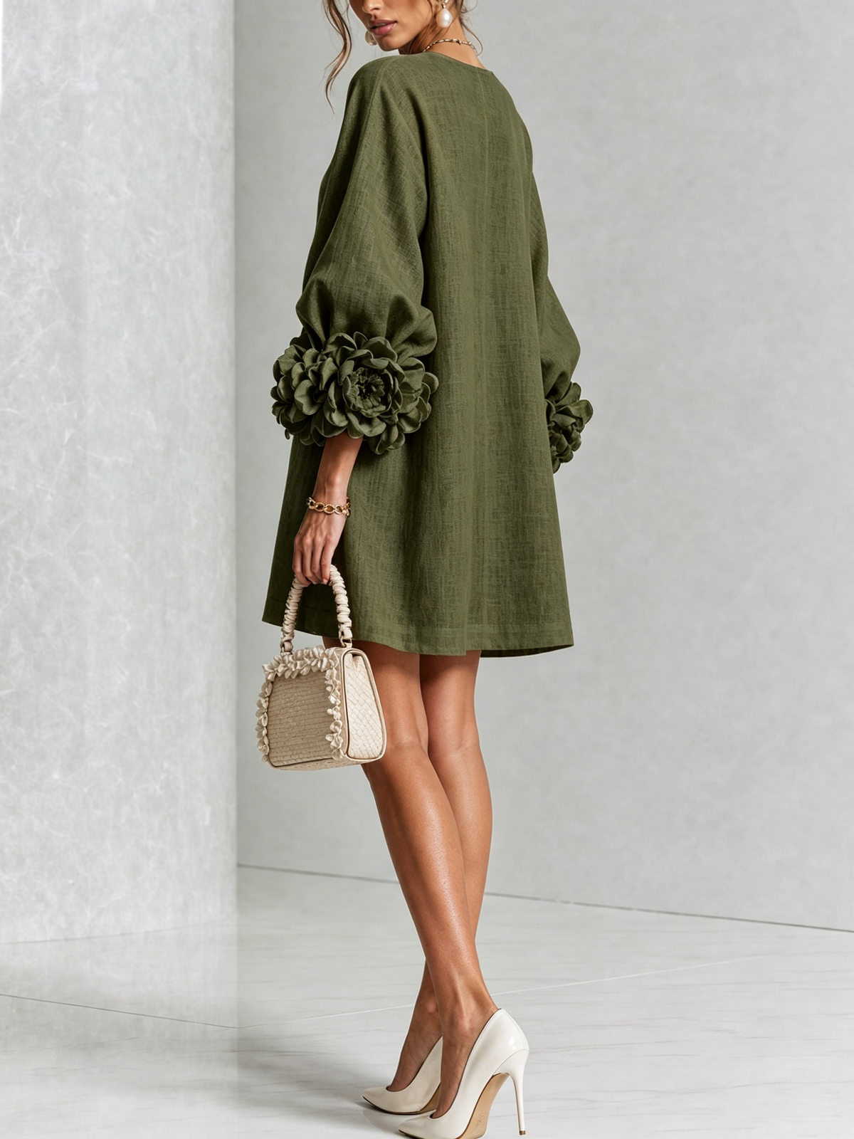 Joséphine™ | White Floral Buttoned Mini Dress with Flower Sleeves