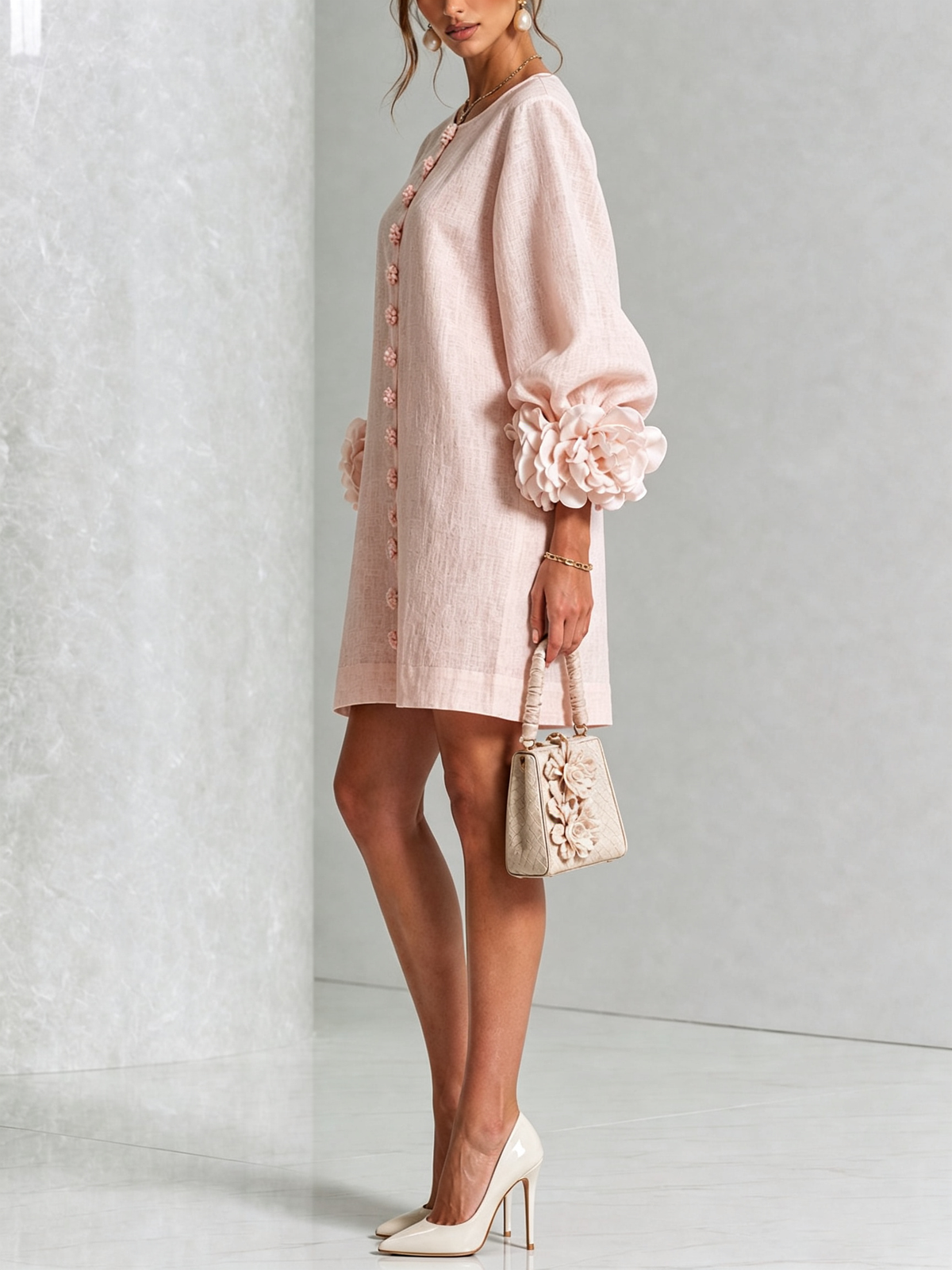 Joséphine™ | White Floral Buttoned Mini Dress with Flower Sleeves