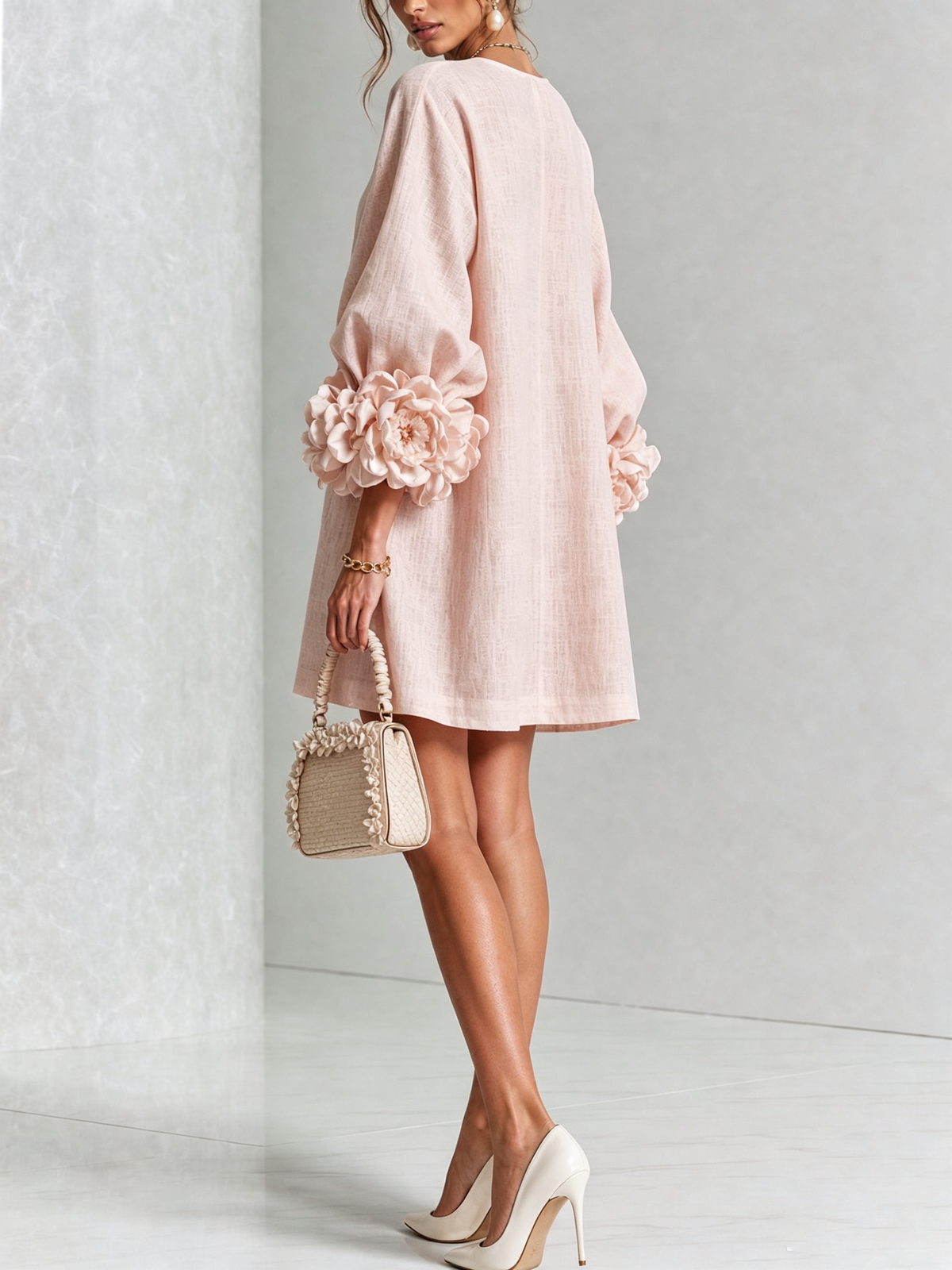 Joséphine™ | White Floral Buttoned Mini Dress with Flower Sleeves