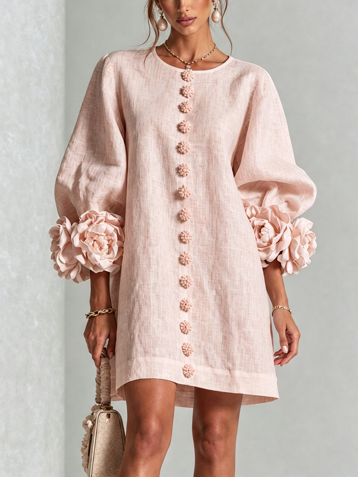 Joséphine™ | White Floral Buttoned Mini Dress with Flower Sleeves