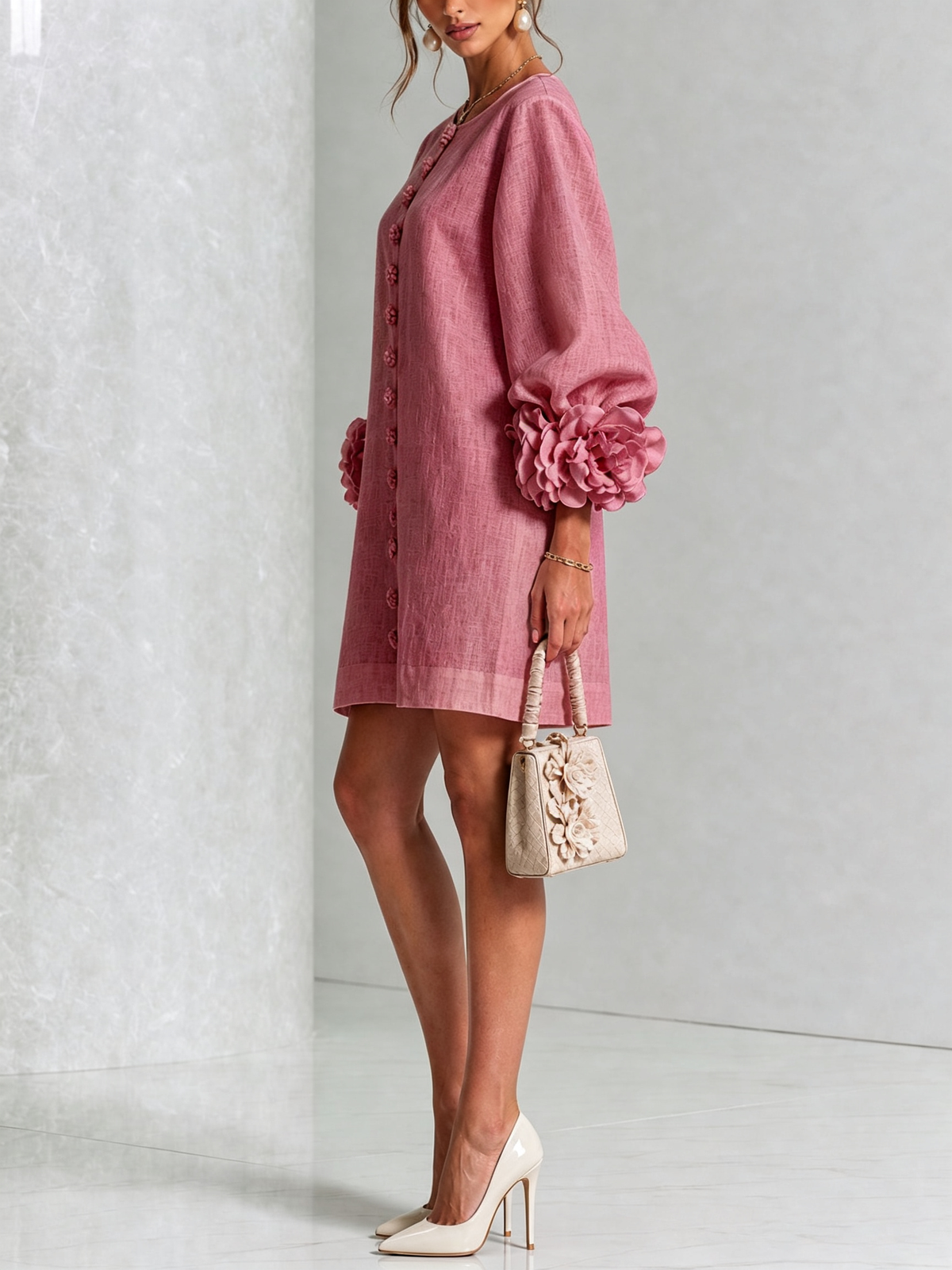 Joséphine™ | White Floral Buttoned Mini Dress with Flower Sleeves
