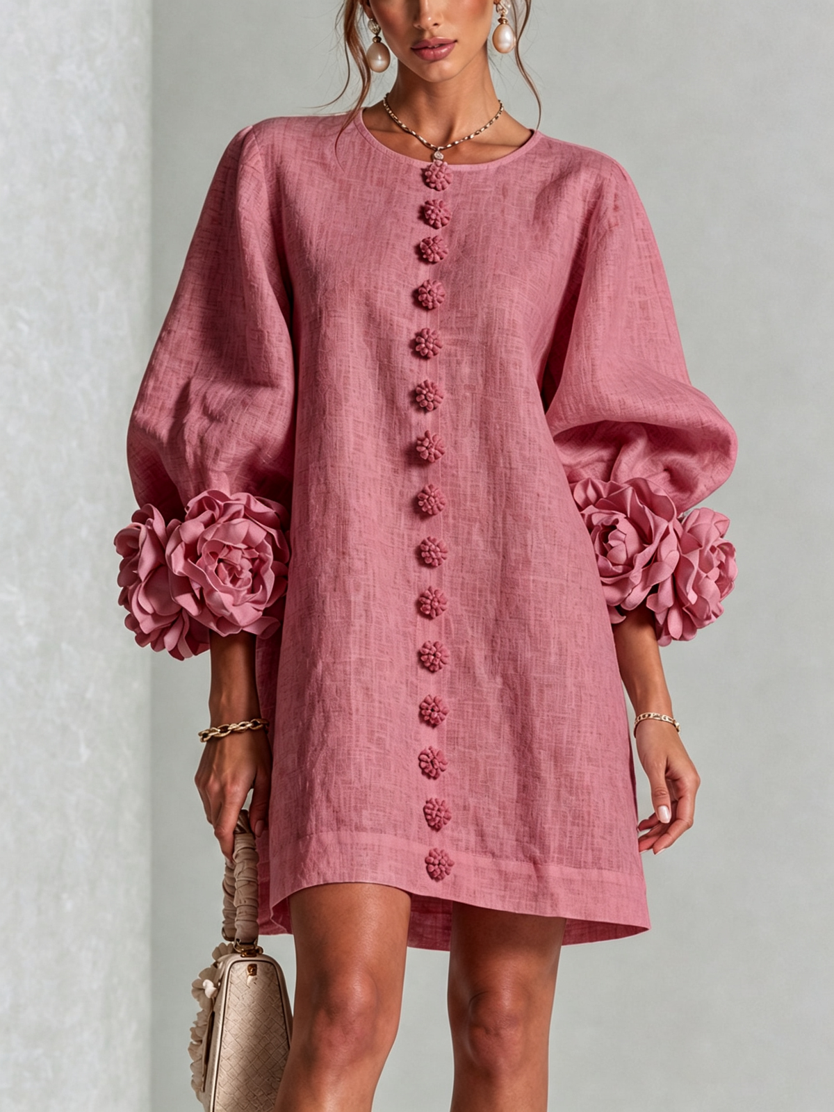 Joséphine™ | White Floral Buttoned Mini Dress with Flower Sleeves