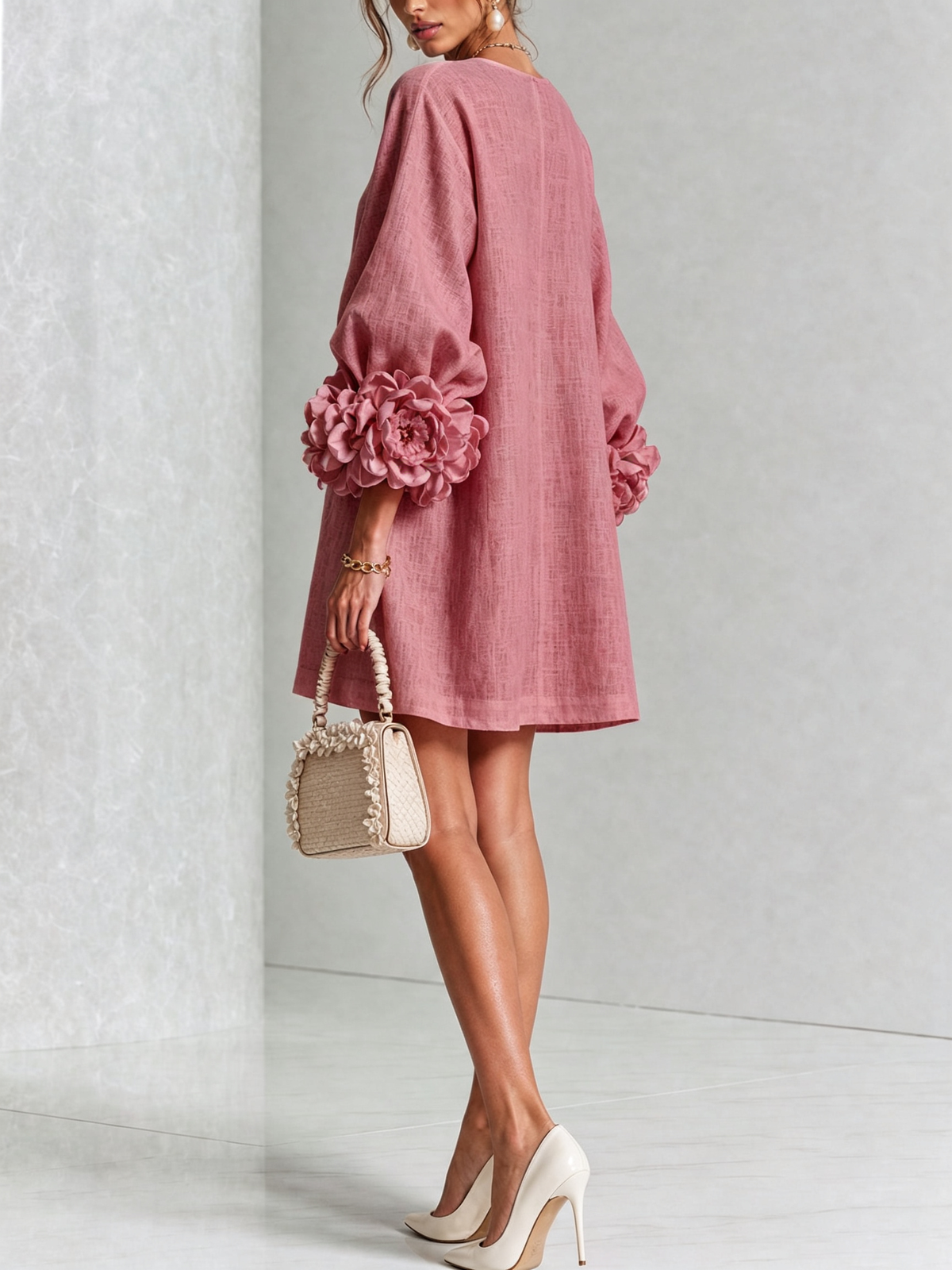 Joséphine™ | White Floral Buttoned Mini Dress with Flower Sleeves