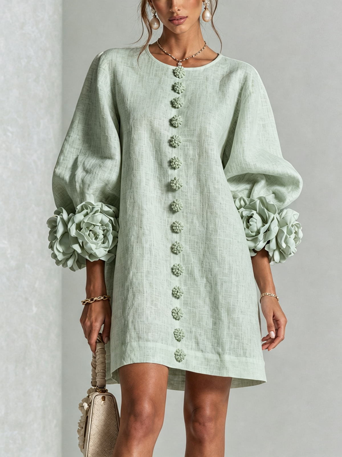 Joséphine™ | White Floral Buttoned Mini Dress with Flower Sleeves