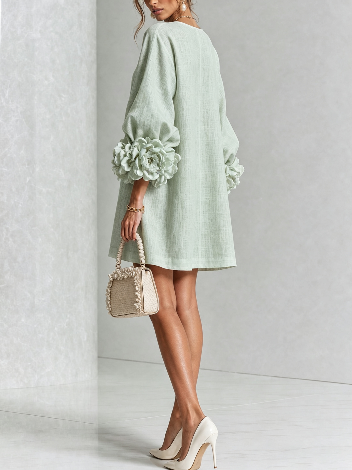 Joséphine™ | White Floral Buttoned Mini Dress with Flower Sleeves