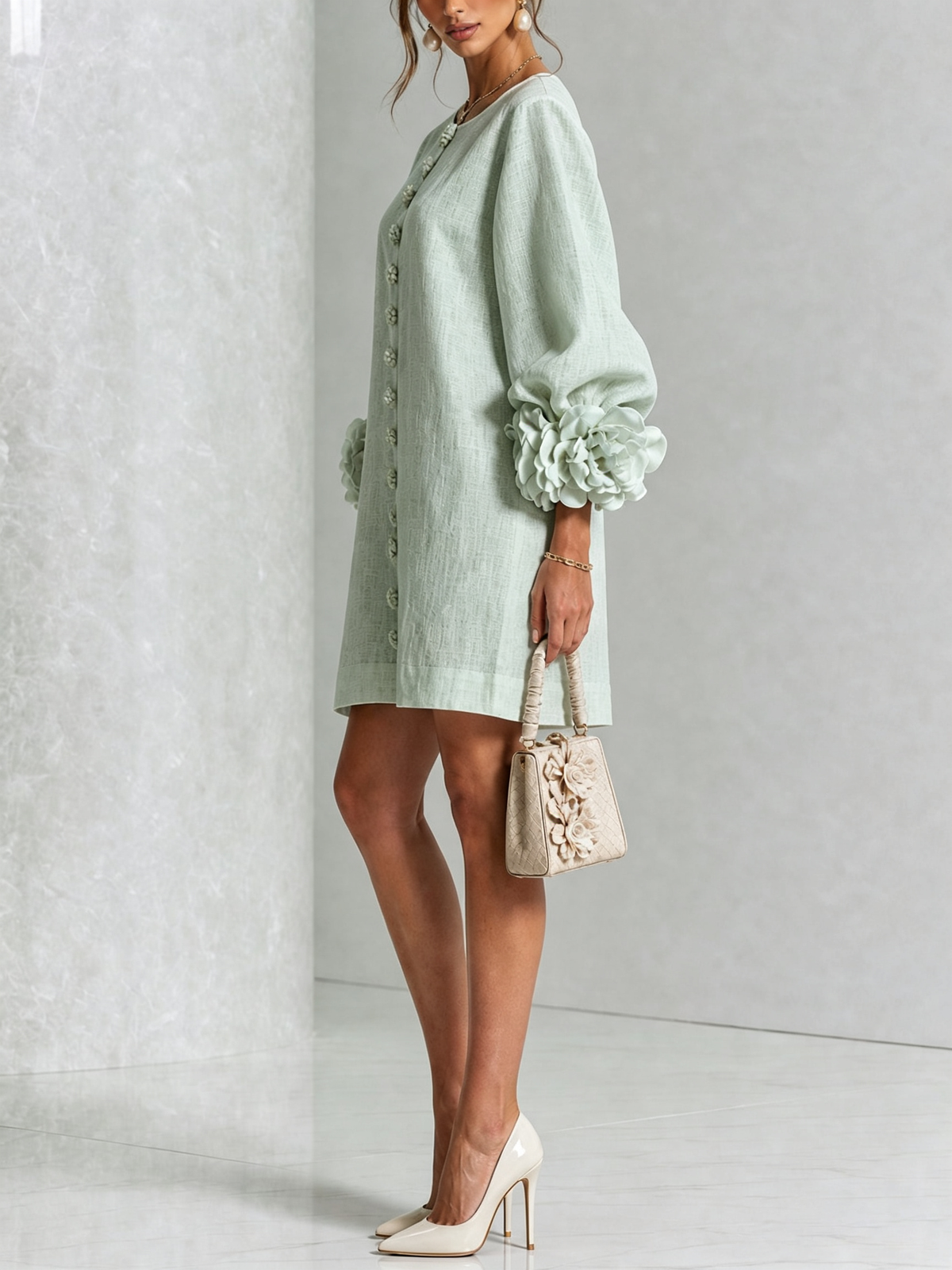 Joséphine™ | White Floral Buttoned Mini Dress with Flower Sleeves