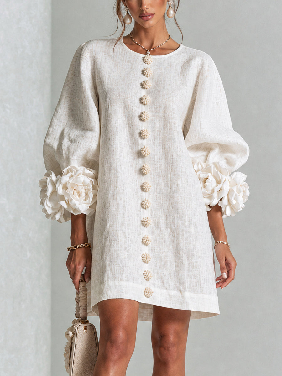 Joséphine™ | White Floral Buttoned Mini Dress with Flower Sleeves