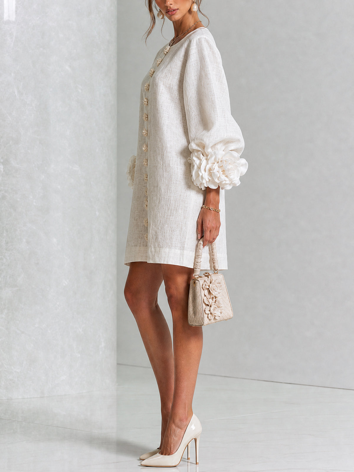Joséphine™ | White Floral Buttoned Mini Dress with Flower Sleeves