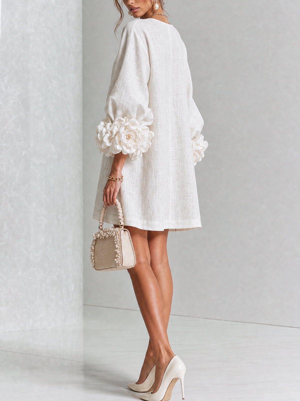 Joséphine™ | White Floral Buttoned Mini Dress with Flower Sleeves