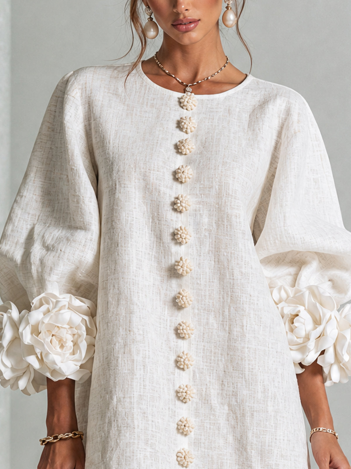 Joséphine™ | White Floral Buttoned Mini Dress with Flower Sleeves