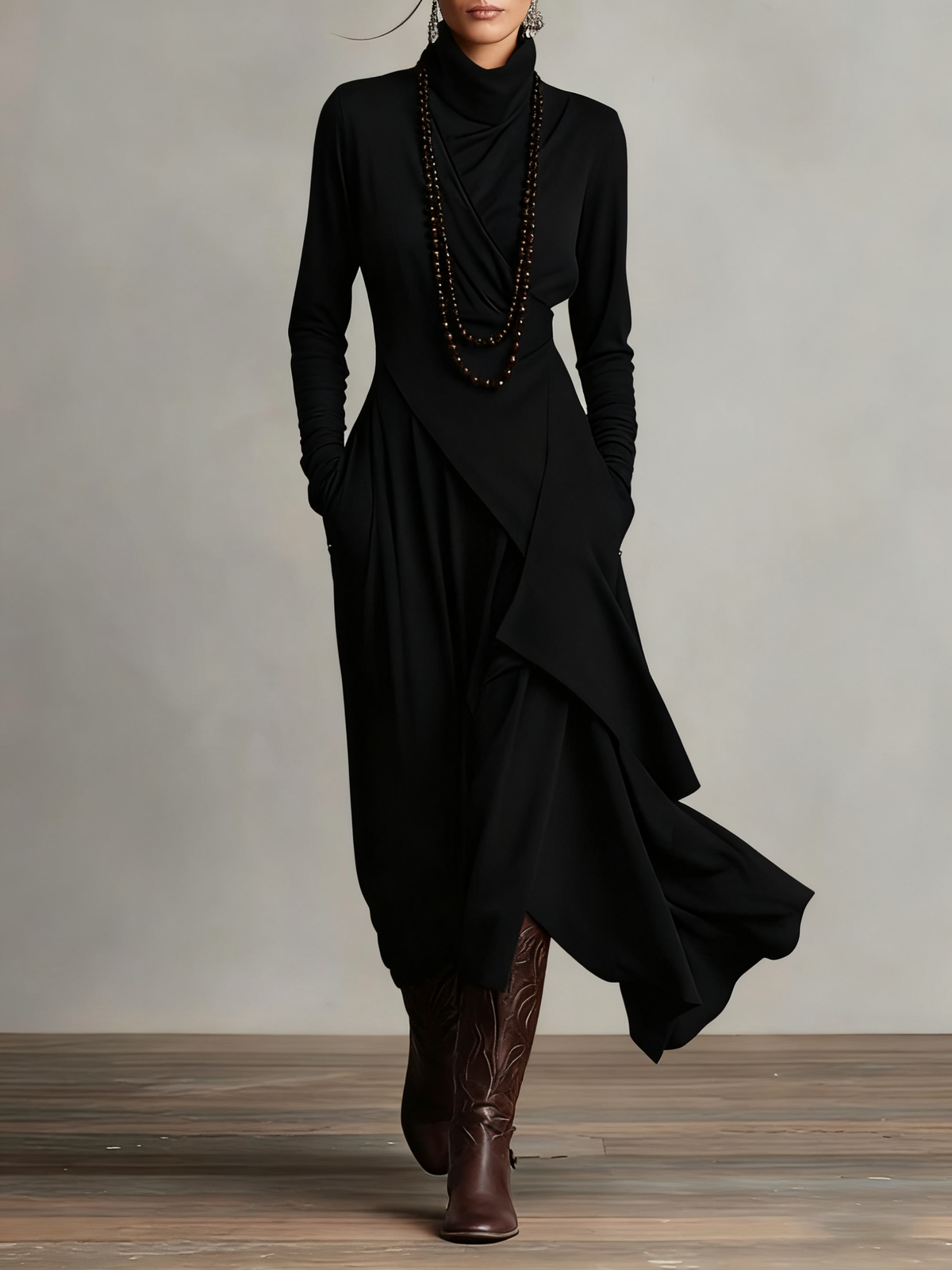 Arielle™ | Asymmetrical Turtleneck Maxi Dress