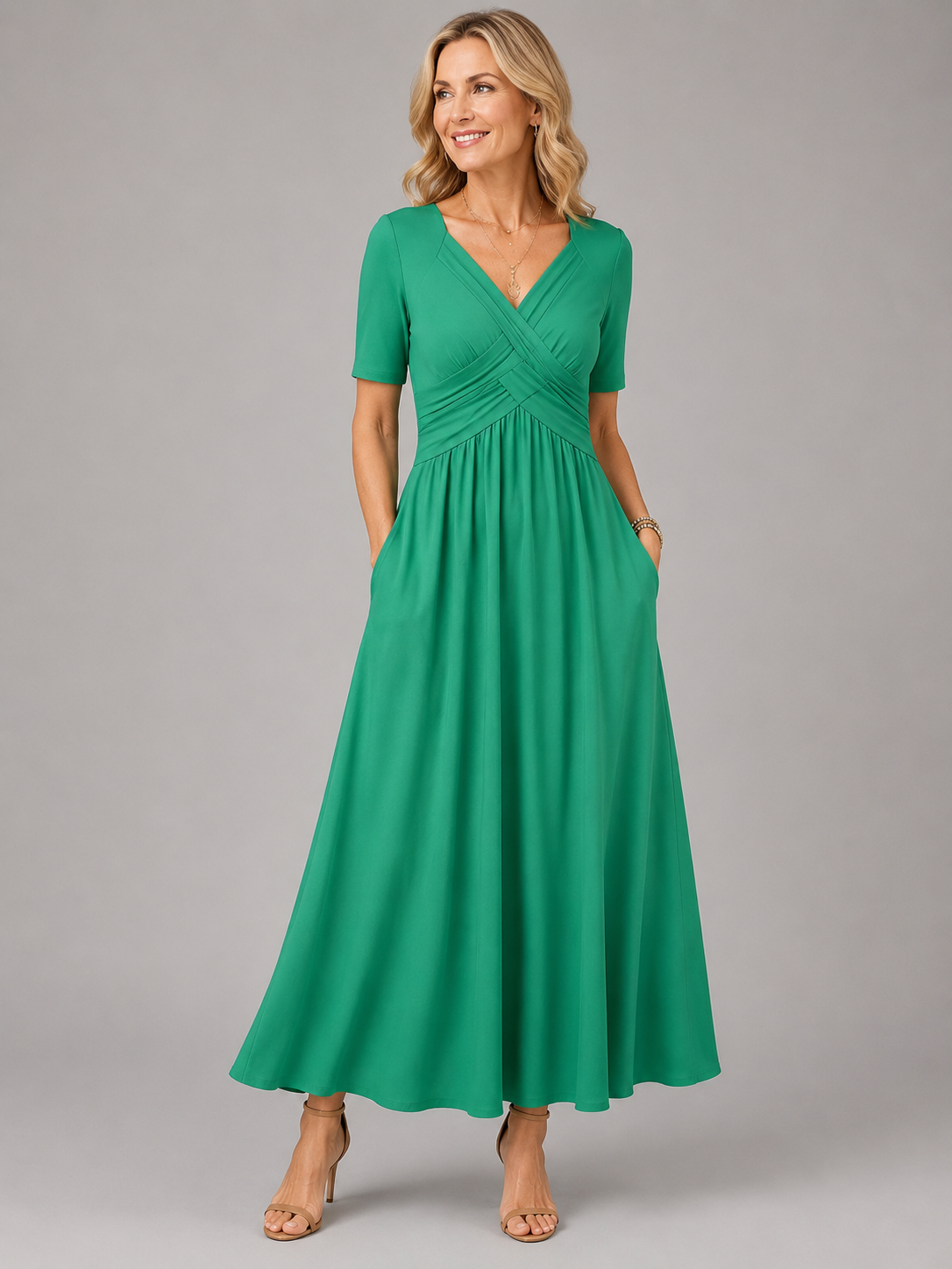 Analeia™ | Elegant V-Neck Midi Dress